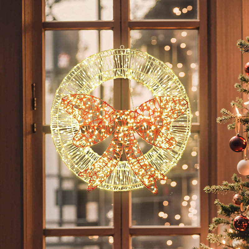 Lighted Wreath and Red Bow Holiday Decoration with Timer