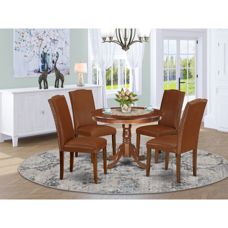 5 Piece Kitchen Table Set for 4 Includes a Round Dining Table with Pedestal and 4 Brown Faux Faux Leather Parson Dining Chairs, Mahogany