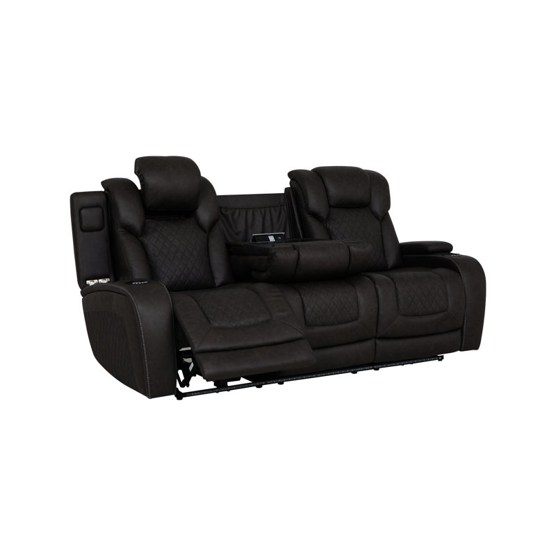 Fauteuil inclinable électrique 3 places en microfibre gris foncé, avec tablette rabattable, console, sans fil, éclairage DEL, coussins fermes, structure interne en bois, 2 ports d'inclinaison, accoudoirs rembourrés.
