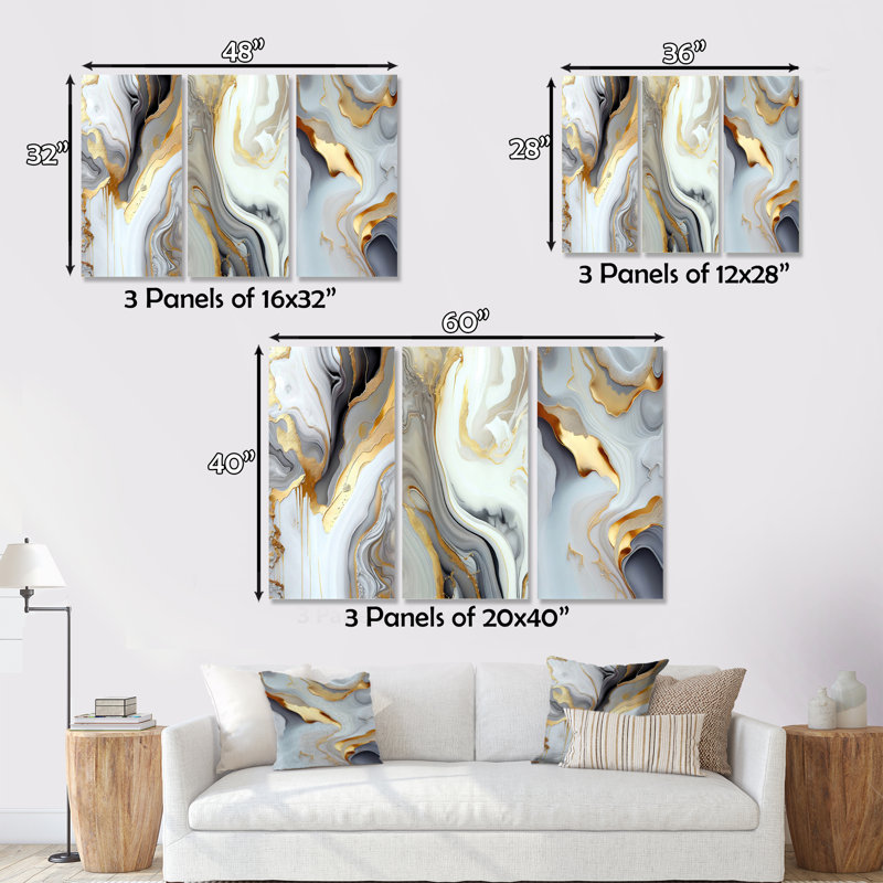 Abstrait en marbre blanc et doré II 3 pièces, H 40 po x l 60 po x P 1 po