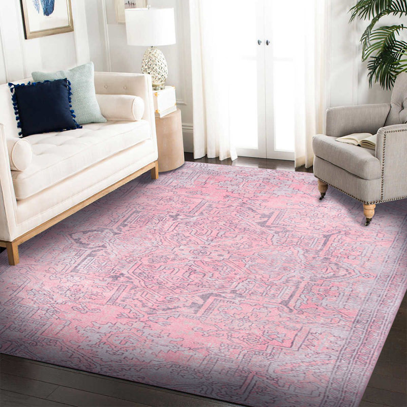 Tapis rose à motif tissé rétro, Rectangle 9 pi 11 po x 13 pi 2 po