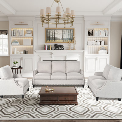 3 pièces pour appartement, canapé modulaire avec fauteuil, revêtement 100% doux, coussin éponge haute densité, ressorts de résilience, structure en pin, beige, mobilier de salon à 6 places, canapé, tissu,