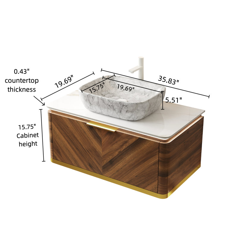 Meuble-lavabo flottant de 36 po avec tiroir, lavabo en marbre, plateau en pierre frittée, noyer foncé, capteur, meuble-lavabo en contreplaqué de haute qualité, lavabo en céramique, comptoir, finition, éclairage à détection automatique,
