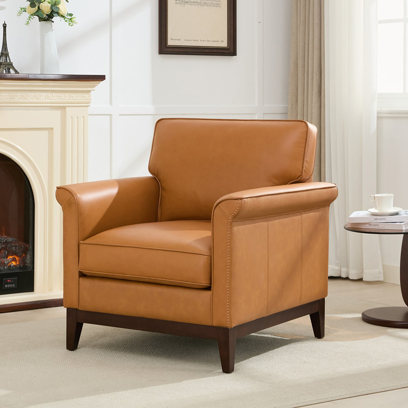 Hamse Genuine Leather Upholstered Accent Armchair, Brown Genuine Leather