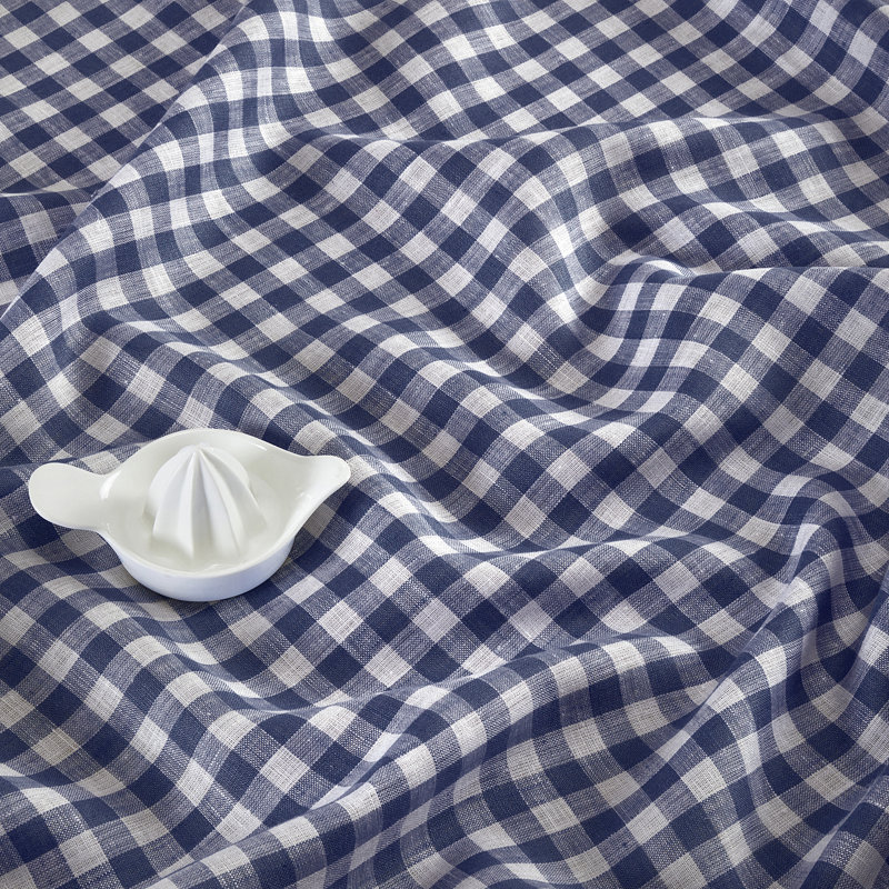 Gingham Check - 100% Pure Linen Table Throw, Navy, Gingham