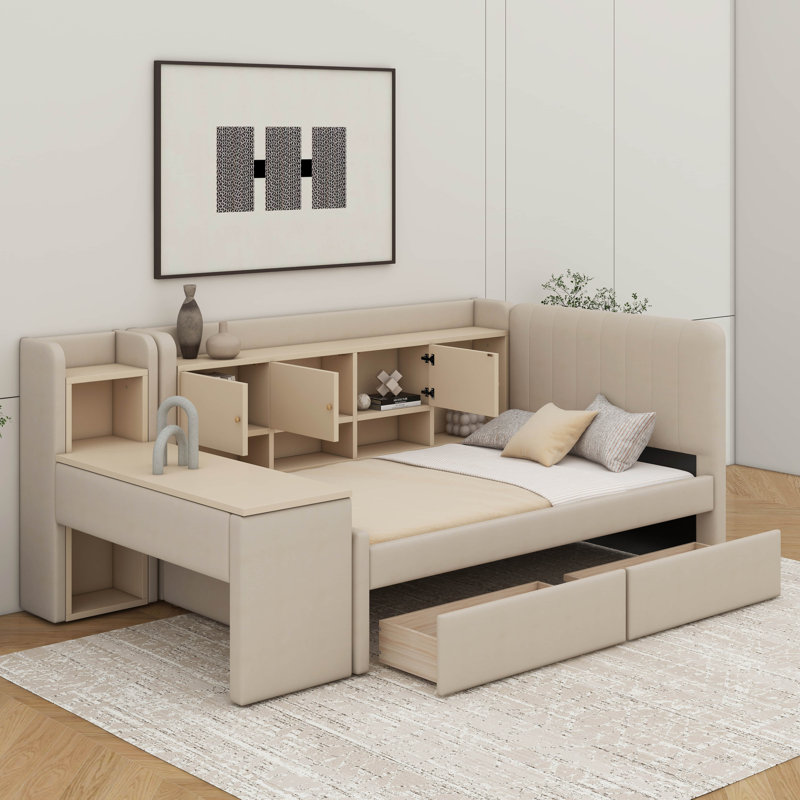 Lit de jour simple rembourré avec tiroirs, tablettes et table d'appoint, Beige
