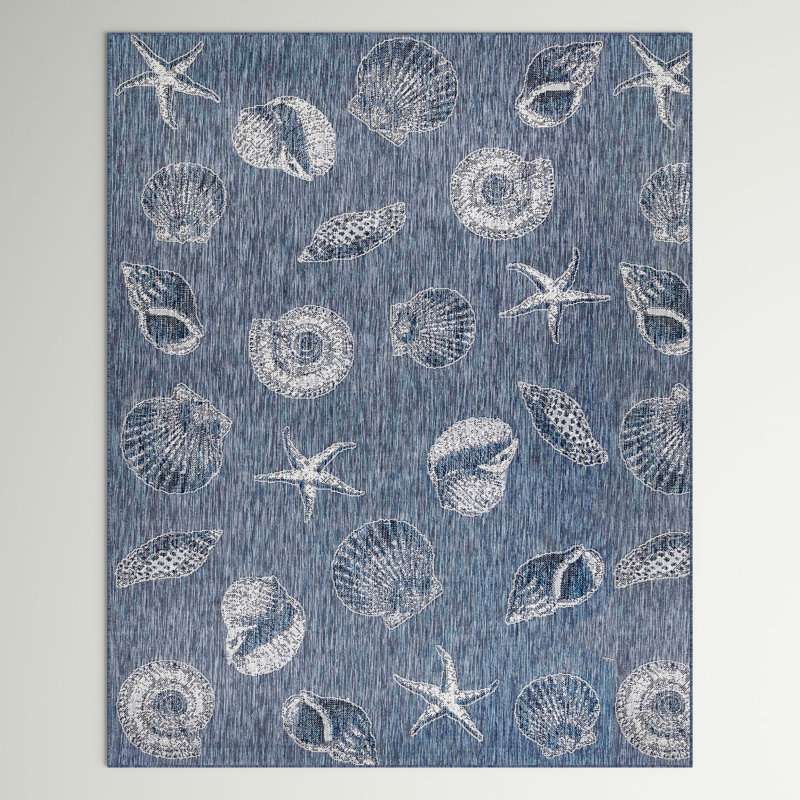 Tapis intérieur / extérieur bleu / blanc Saldanha, Rectangle 4 pi 10 po x 7 pi 6 po