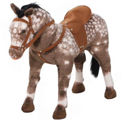 Qaba Ride on Horse, Riding Horse with Neighing Sound, Saddle, Stirrups, Ride on Animal for Kids Boys Girls 3-8 Years Old, Brown