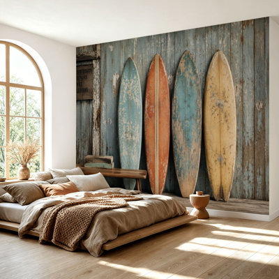 Wall Mural Peel and Stick Wallpaper Vintage Surfboards Against Weathered Wooden Wall Rustic Setting Self-Adhesive Removable Contact Paper Wall Decor for Living Room Bedroom 69"H x 96"W