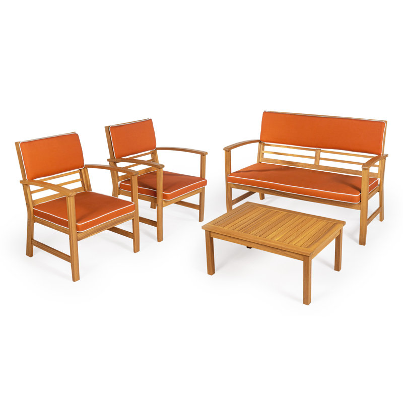 Barclay Modern 4-Piece Acacia Wood Outdoor Patio Conversation Set, Teak Brown Seating Group with Orange Removable Cushions & Coffee Table