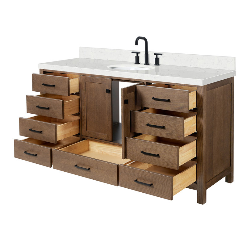Amariani 66.25'' Single Bathroom Vanity with Quartz Top, Brown Oak, Oval