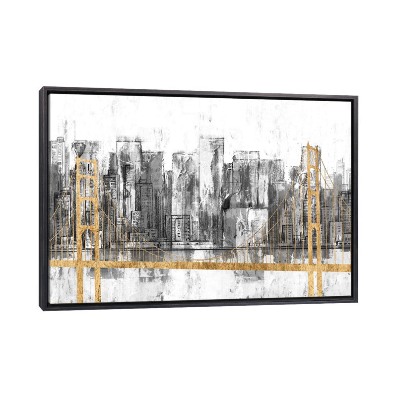 « Golden Bridge panorama » par Jennifer Goldberger-impression, Toile avec cadre noir patiné, H 18 po x l 26 po x P 1,5 po