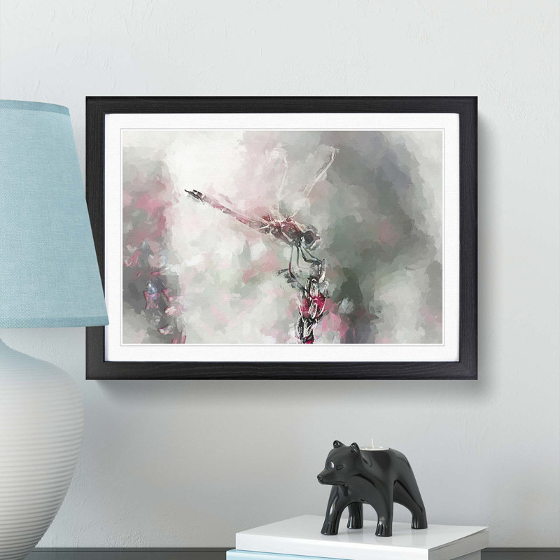 Perched Dragonfly in Abstract - Picture Frame Painting Print, 48cm H x 65cm W x 2cm D, Black Framed