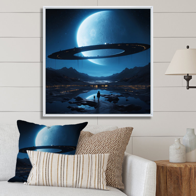 Blue The Moon Is The Blue II - Fantasy Wall Art Living Room, H 24 po x l 24 po x P 1 po, Cadre flottant blanc