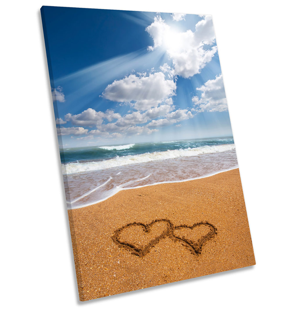 Love Hearts Sand Beach Framed CANVAS WALL ART Print Picture