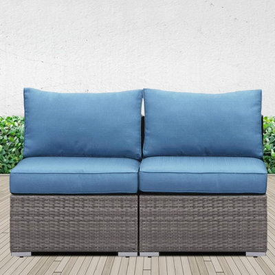 Ensemble de canapé d'extérieur sans accoudoirs en osier de 59,8 po de largeur, ensemble de causeuse de patio 2 pièces avec coussins bleus