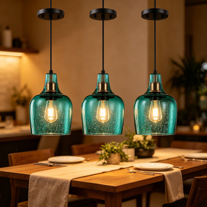 Ensemble de 3 luminaires suspendus en verre vert ensemencé, mini luminaire suspendu de 6,1 pouces pour îlot de cuisine, table de salle à manger, évier et chambre à coucher