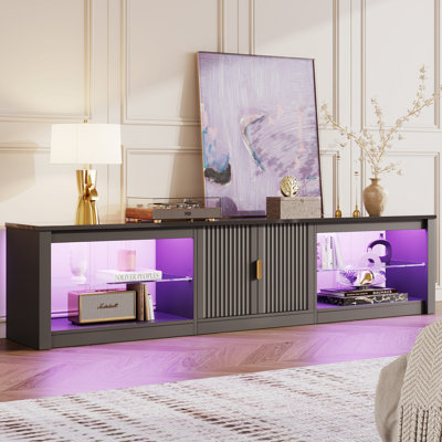Kruszewski 80" Modern Fluted TV Stand with Adjustable Shelf, LED Media Console for 85 Inch TV, Glossy TV Console with Cabinet