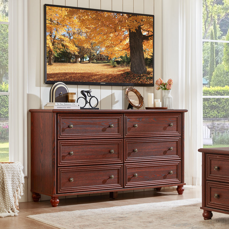 6 Drawers Dresser For Bedroom, Farmhouse 54" Wide Wood Dressers Chest Of Drawers, Vintage Design TV Stand, Rustic Storage Dresser Organizer With Metal Handle Closet For Living Room, Hallway
