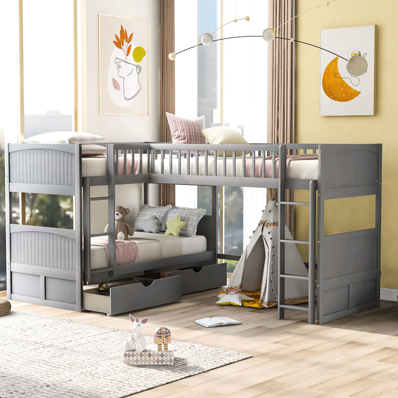 Bunk Bed With Loft In Grey Two Drawers - Bedroom Addition Twin And Extra Storage Options, Versatile