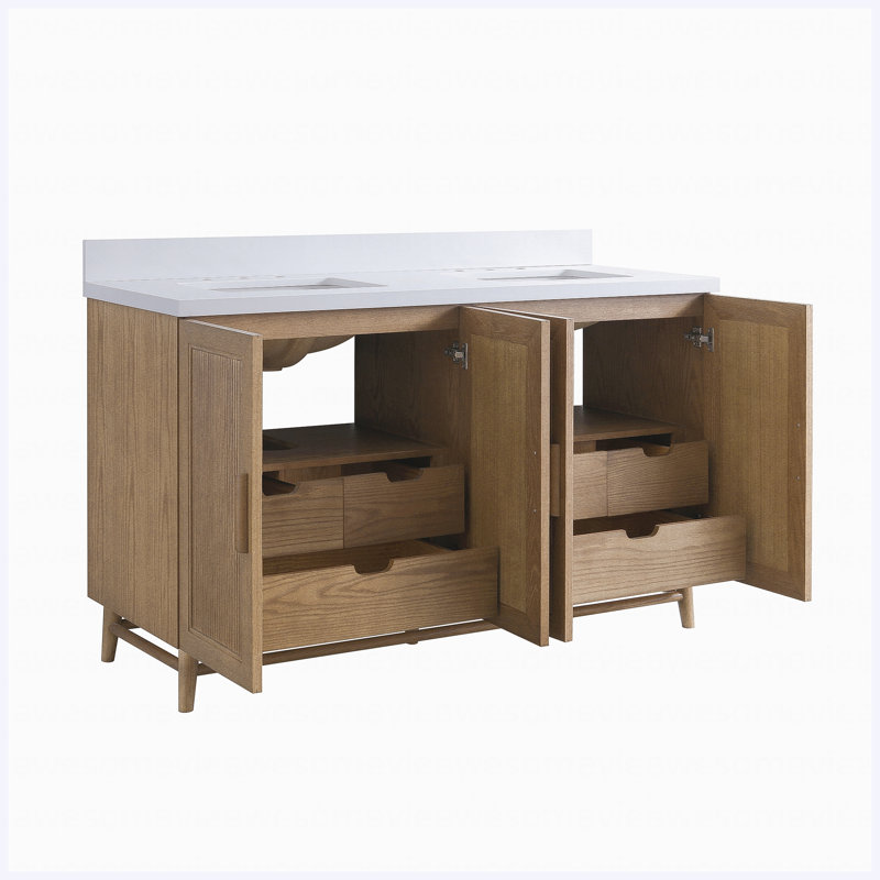 60" Fully Assembled Freestanding Single Sink Bathroom Vanity, Solid Wood Construction with Engineered White Top, Light Coffee