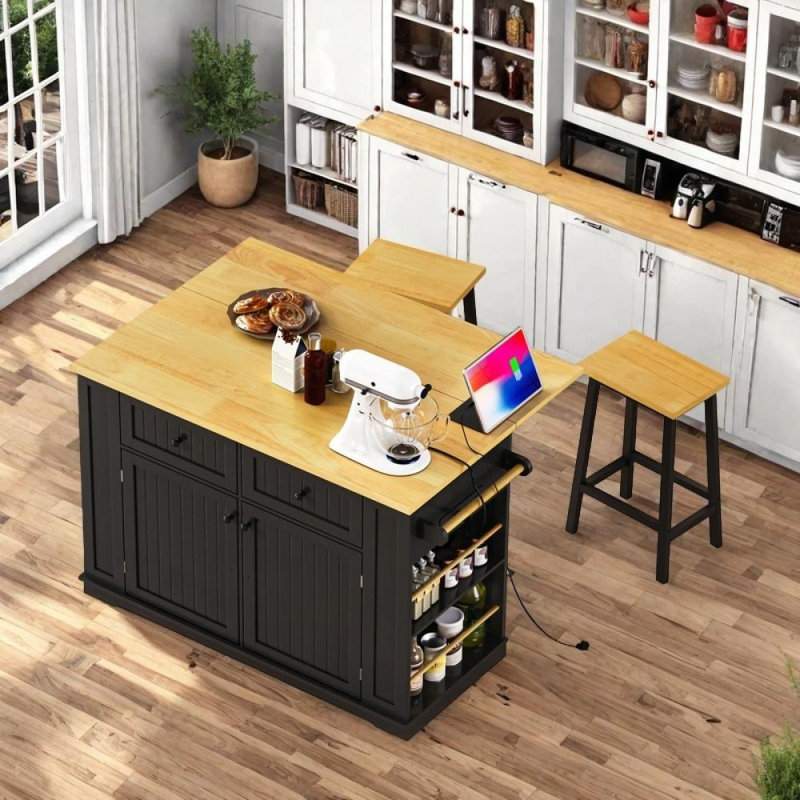 Kitchen Island with 2 Bar Stools, Black