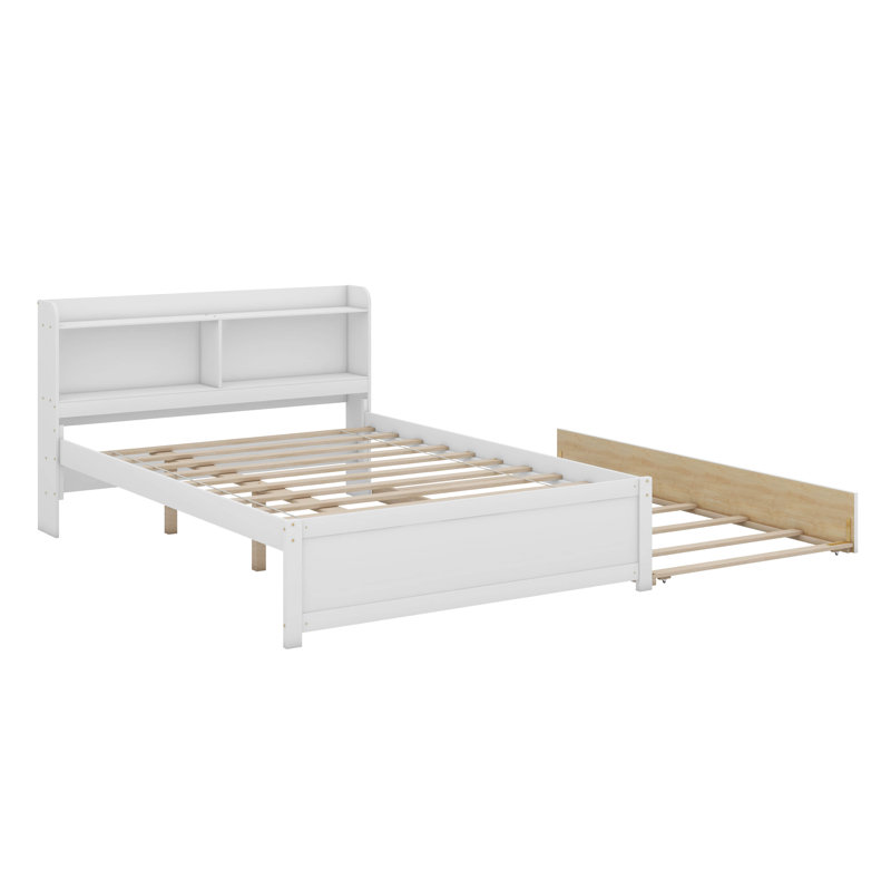 Lit plateforme avec lit gigogne et tablettes de rangement, Full, Blanc