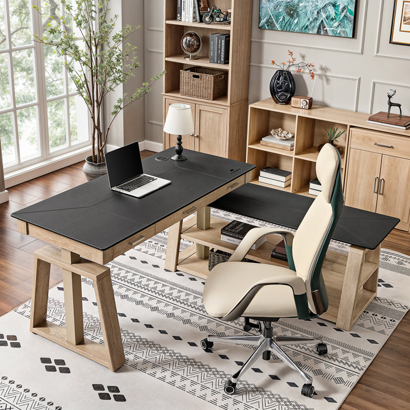 Modern Executive Office Set – 60" L-Shaped Height Adjustable Office Desk & Genuine Nappa Leather High-Back Chair Set