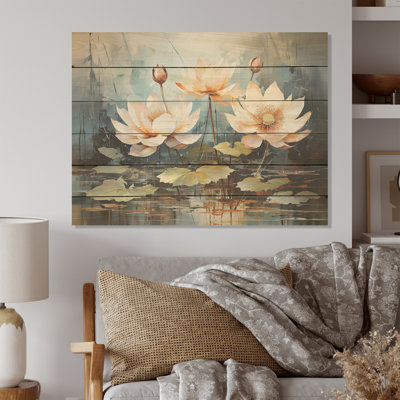 Fleurs de lotus en harmonie orageuse I - Art mural en bois de lotus sur bois de pin naturel