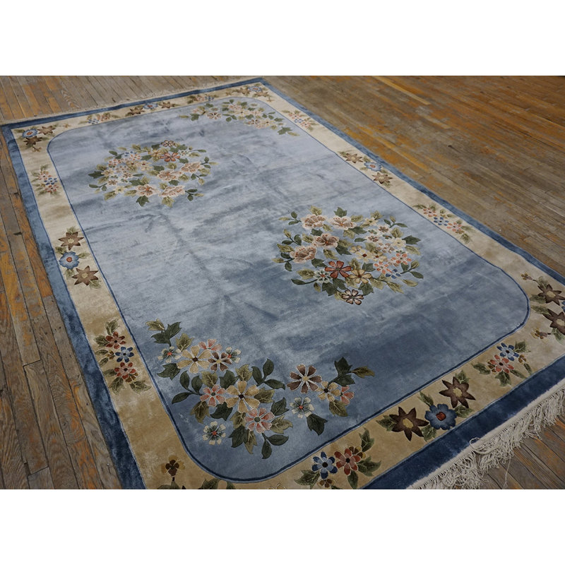 Luxurious Silk Pile Vintage Light Blue Color Chinese Deco Design Rug
