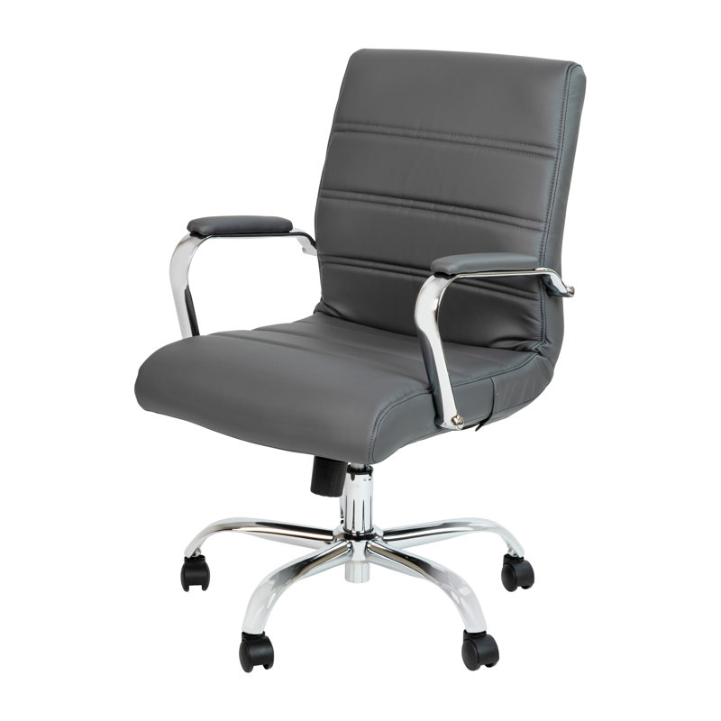 Whitney Ergonomic Upholstered Mid-Back Swivel Office Chair, Gray Faux Leather, Chrome