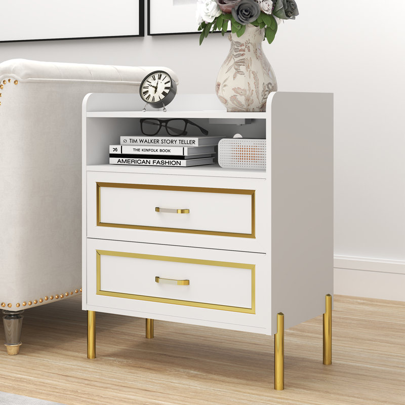 30" Tall White Nightstand, Bed Side Table With Trim And Legs, 2 Drawers And Open Storage Shelf End Table, Modern Luxury Bedroom Furniture, 24 Inch Wide