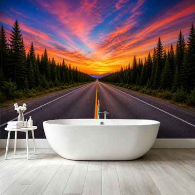 Papier peint adhésif pelez et collez, coucher de soleil, forêt de pins, ciel coloré, paysage de montagne, art mural auto-adhésif