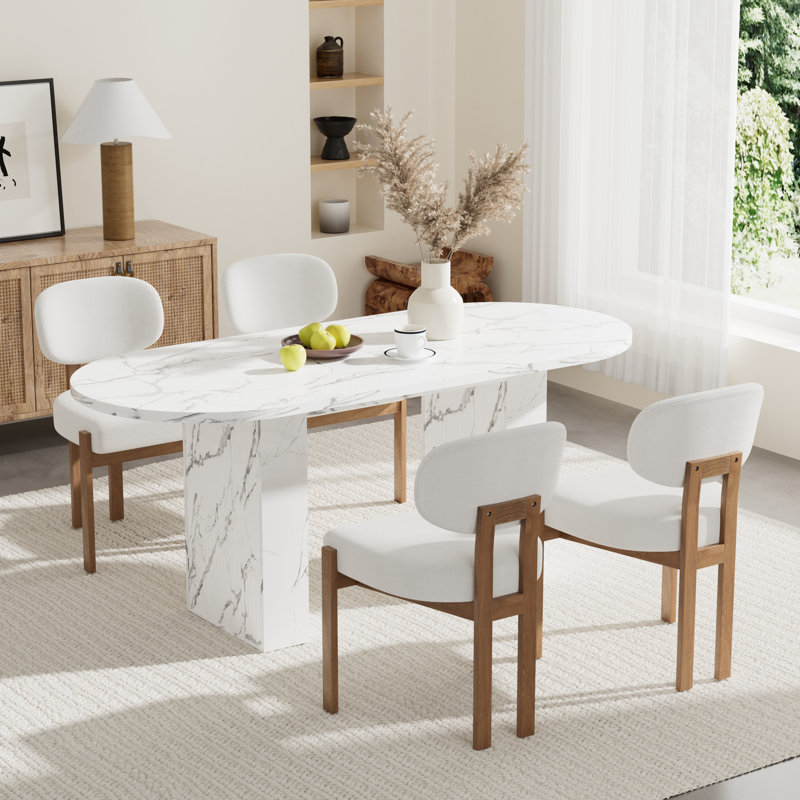 Ensemble de table de cuisine ovale à double piédestal, Beige, 5 Pieces: Table, 4 Chairs