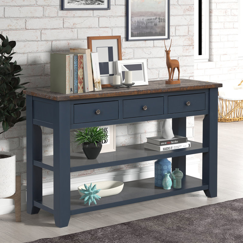 Table d'appoint moderne en bois de pin massif avec 3 tiroirs de rangement et 2 tablettes, conception de style rétro, entrée facile à assembler de 48 po, apparence attrayante