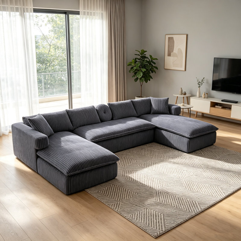 Canapé modulaire surdimensionné en U de 149 pouces de 149 pouces, conception convertible 7 en 1, canapé à 6 places à assise profonde avec accoudoirs roulés mobiles, revêtement en velours côtelé de polyester, poche de rangement latérale, sans assemblage requis, gris foncé