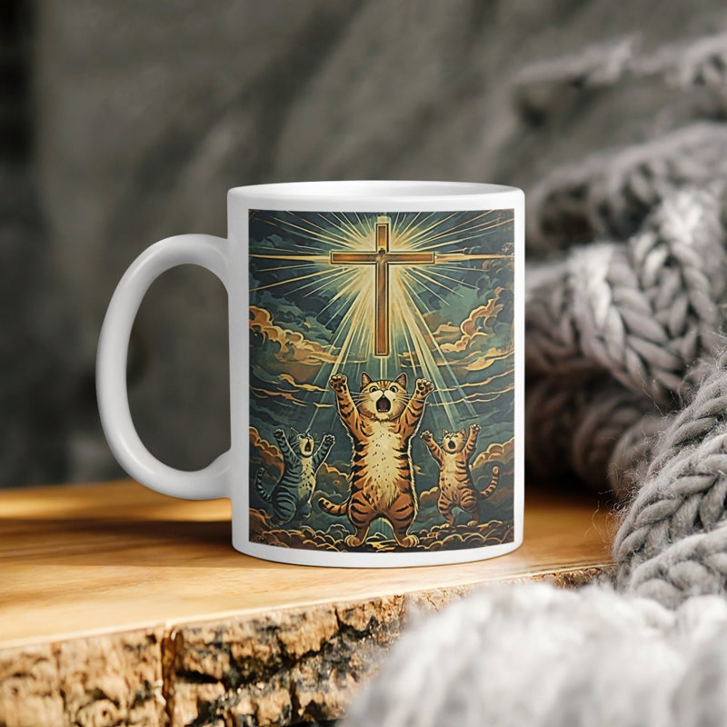 Tasse amusante de chat qui prie Jésus