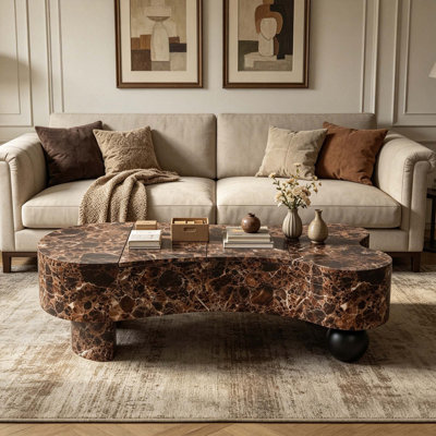 Table basse irrégulière avec plateau rabattable et compartiment de rangement caché