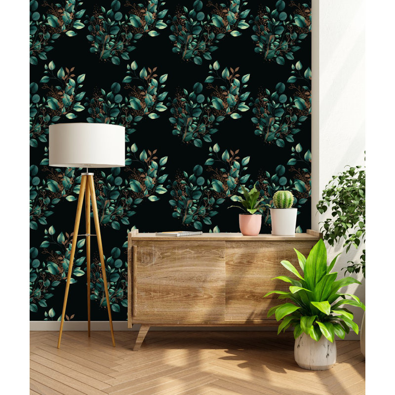Panneau de papier peint noir L 10,4 pi x l 25 po Green Leaves
