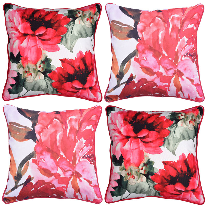 Floral Red and Green Cotton Polyester Embroidered Square Pillow Cover