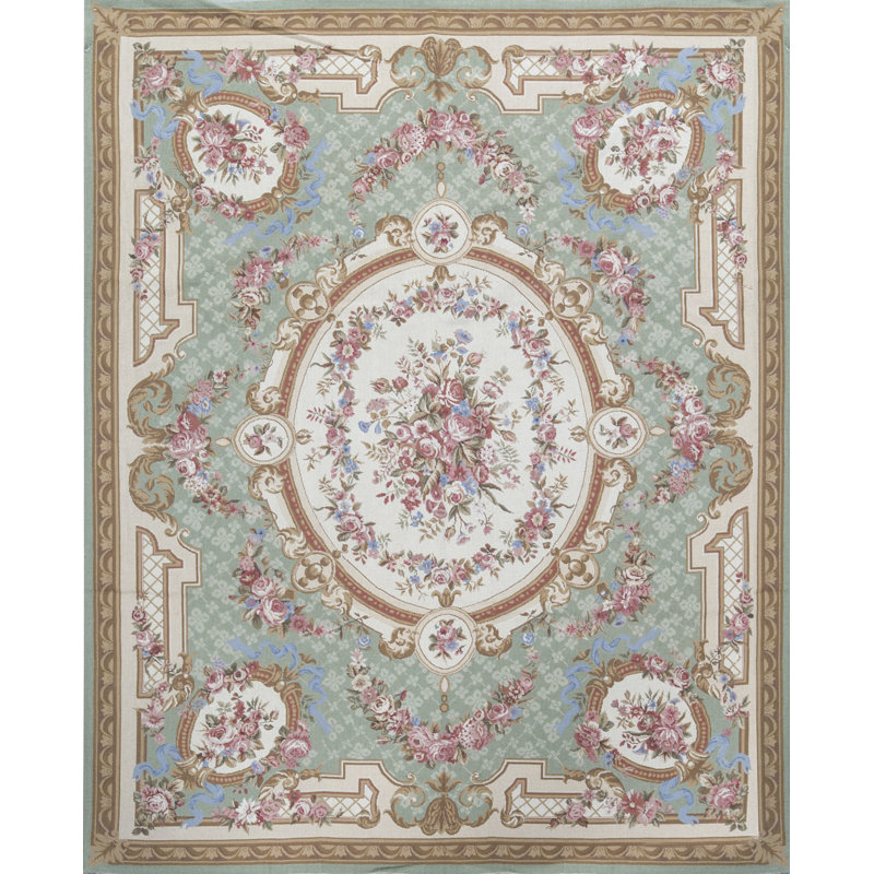 Tapis oriental en laine noué à la main vert / beige Needlepoint