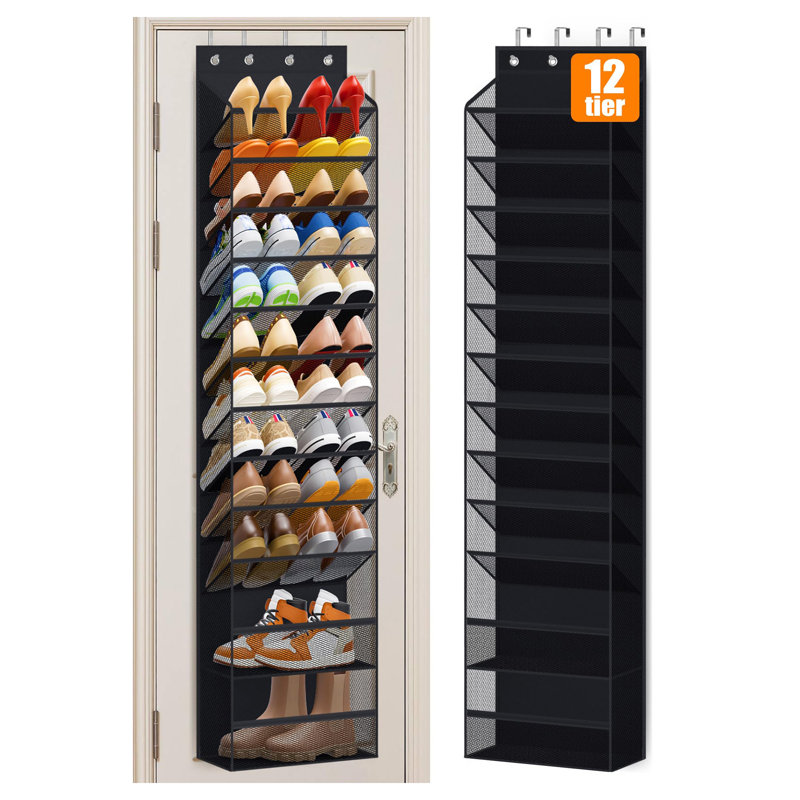 12-Tier Over-the-Door Shoe Storage Rack Large Capacity Hanging Shoe Rack Holds 24 Pairs of Sandals, High Heels, Boots, Black