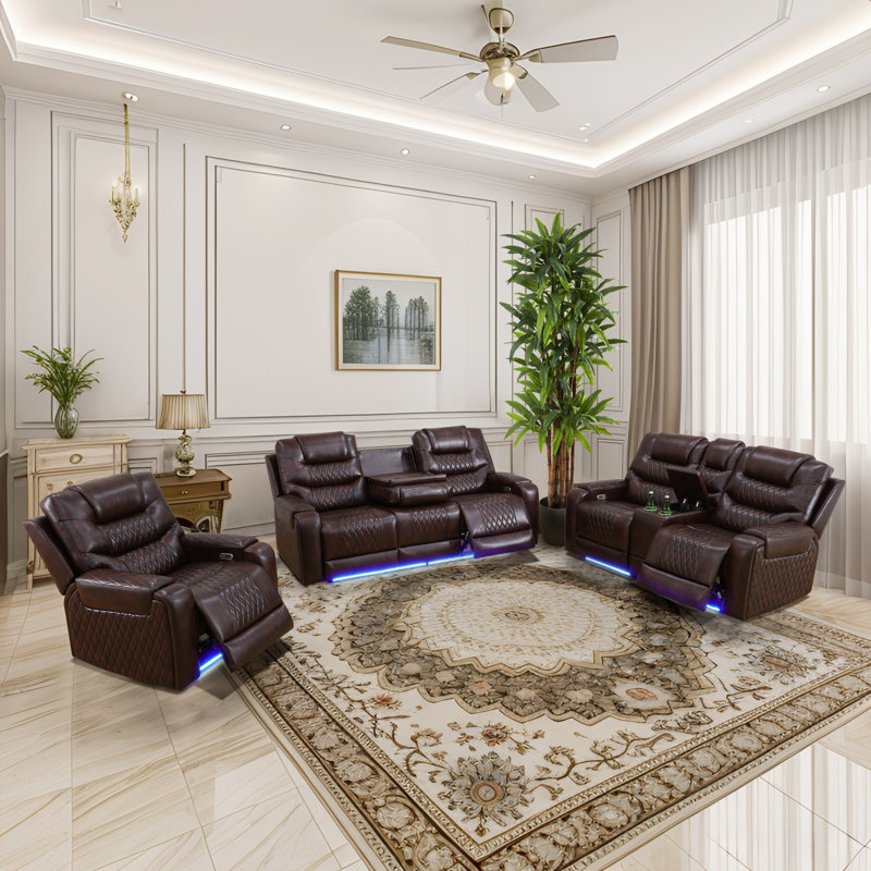 Ensemble de fauteuil inclinable électrique en cuir 3 pièces, canapé, causeuse et fauteuil