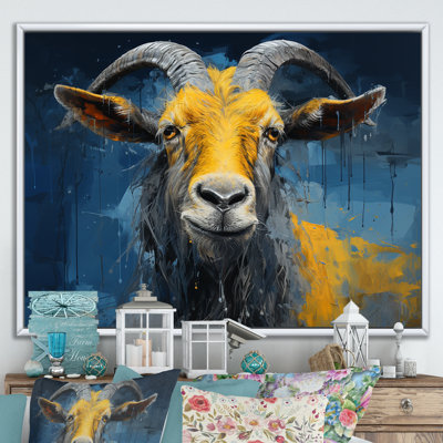 Chèvre jaune et bleu, prairie, portrait II - art mural de chèvre