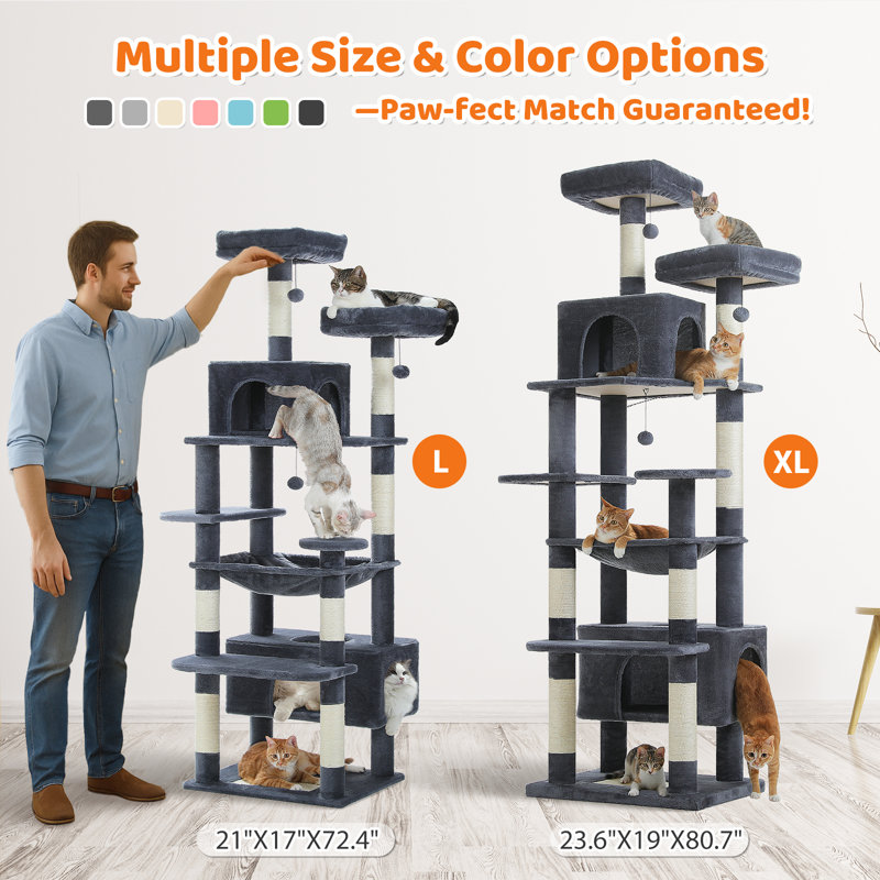 80.7"H Cat Tree Condos And Scratching Posts Included, With Platform And Basket, Dark Grey