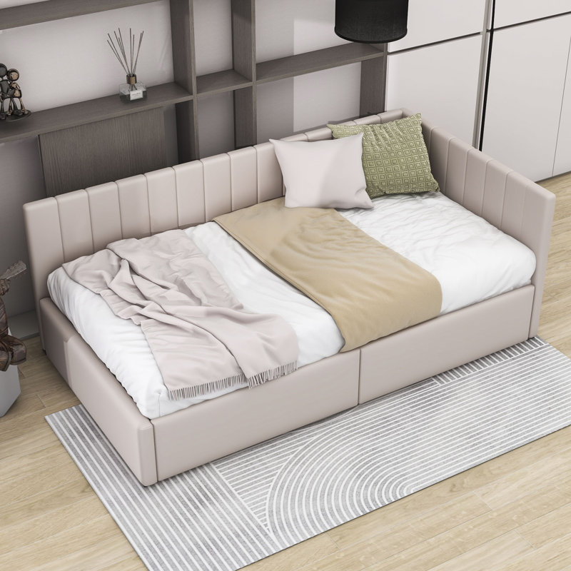 Twin Size 2 Drawers Upholstered Daybed, Beige