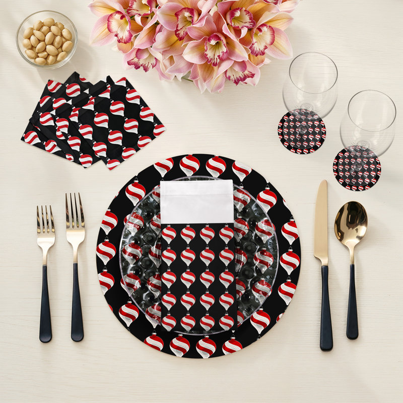 Xmas Ornament Cotton Sateen Cocktail Napkins, Black
