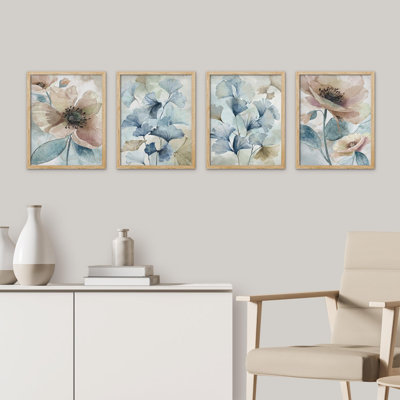 " Blue Gingko Leaves Flowers Botanical Floral Nature Wilderness Pictures Decor Rustic Cozy Zen " 4 - Pieces