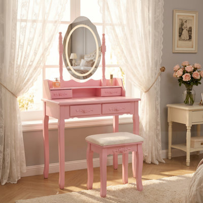 4-Drawer Vanity Desk Set With LED Mirror & Cushioned Stool