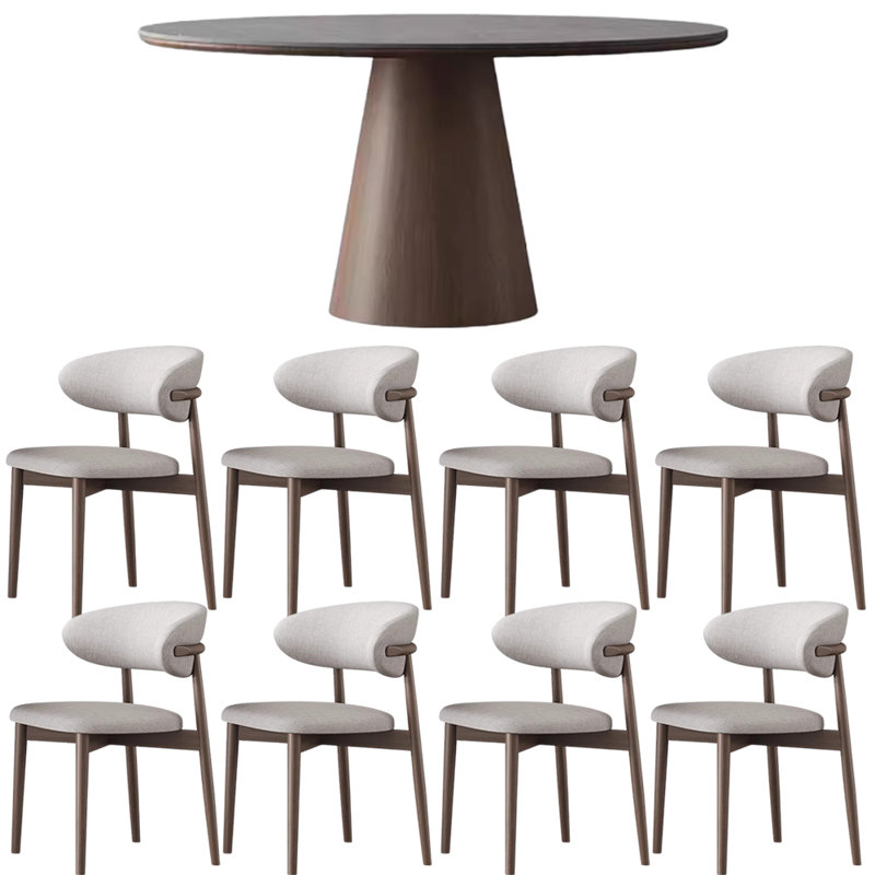 Modern Nordic Wood Rock-Plate Dining Table Chair Pedestal Dining Set, 29.5" H x 53.1" L x 53.1" W, 9